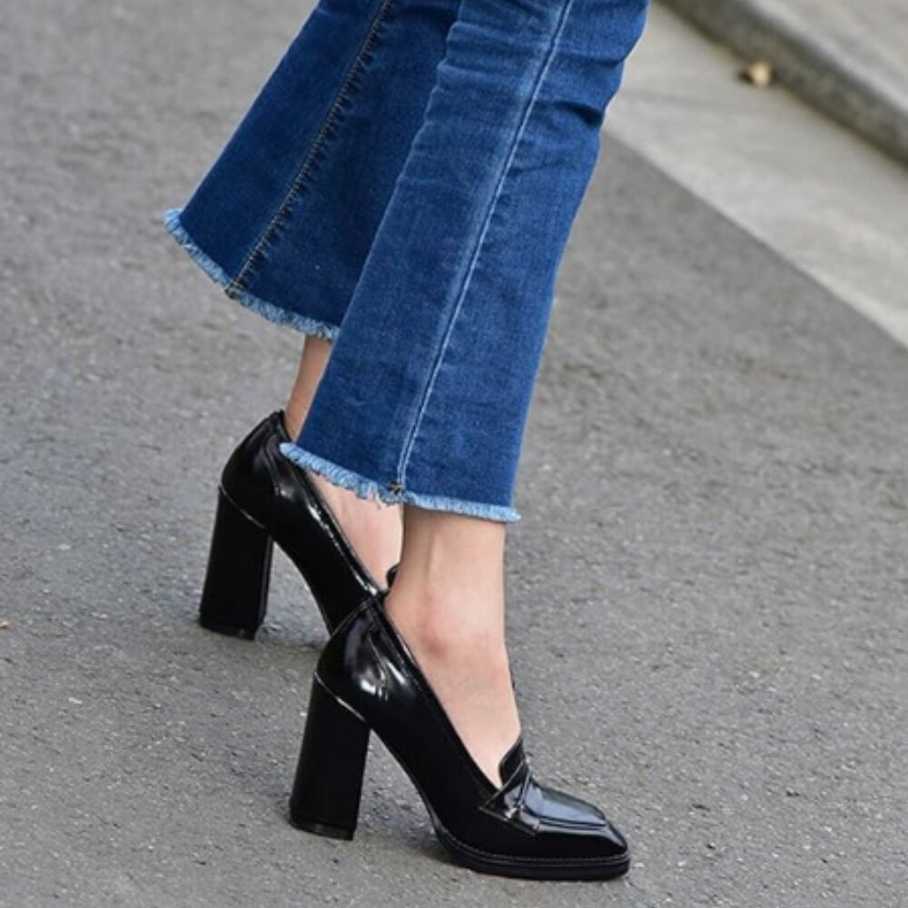 FOWT Black High Block Heels Loafers Square Toe Pumps Slip On Walking Shoes